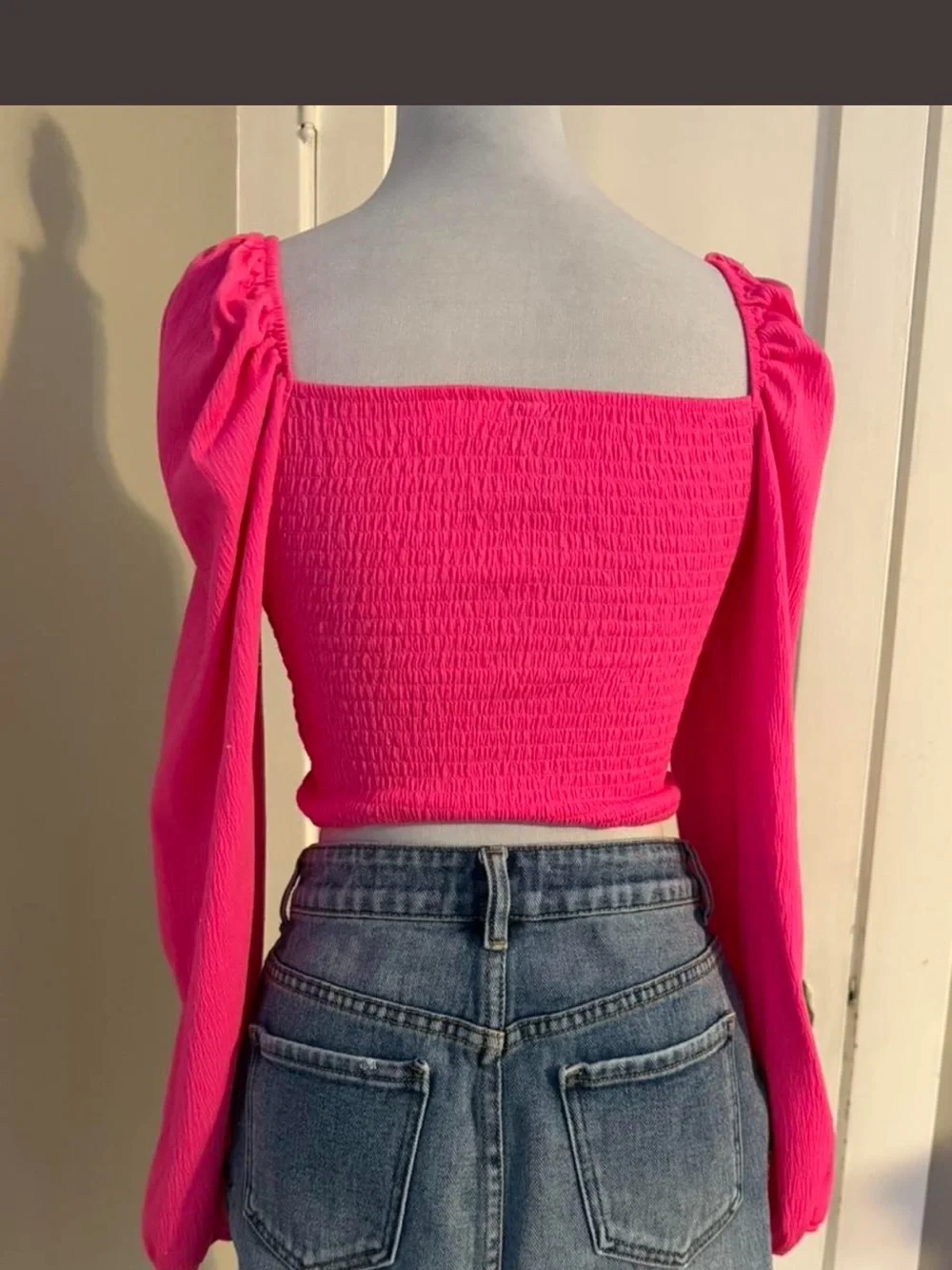 H&M Hot Pink Ruched Long-Sleeve Crop Top